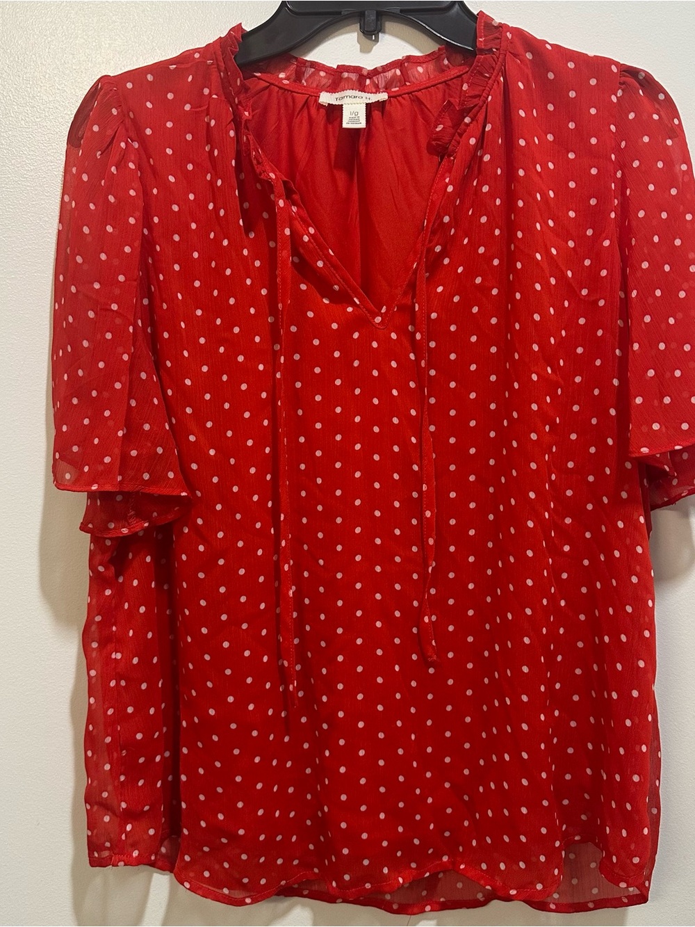 Tamara H Shirt Size L Red Polka Dot Tie-Neck Blouse